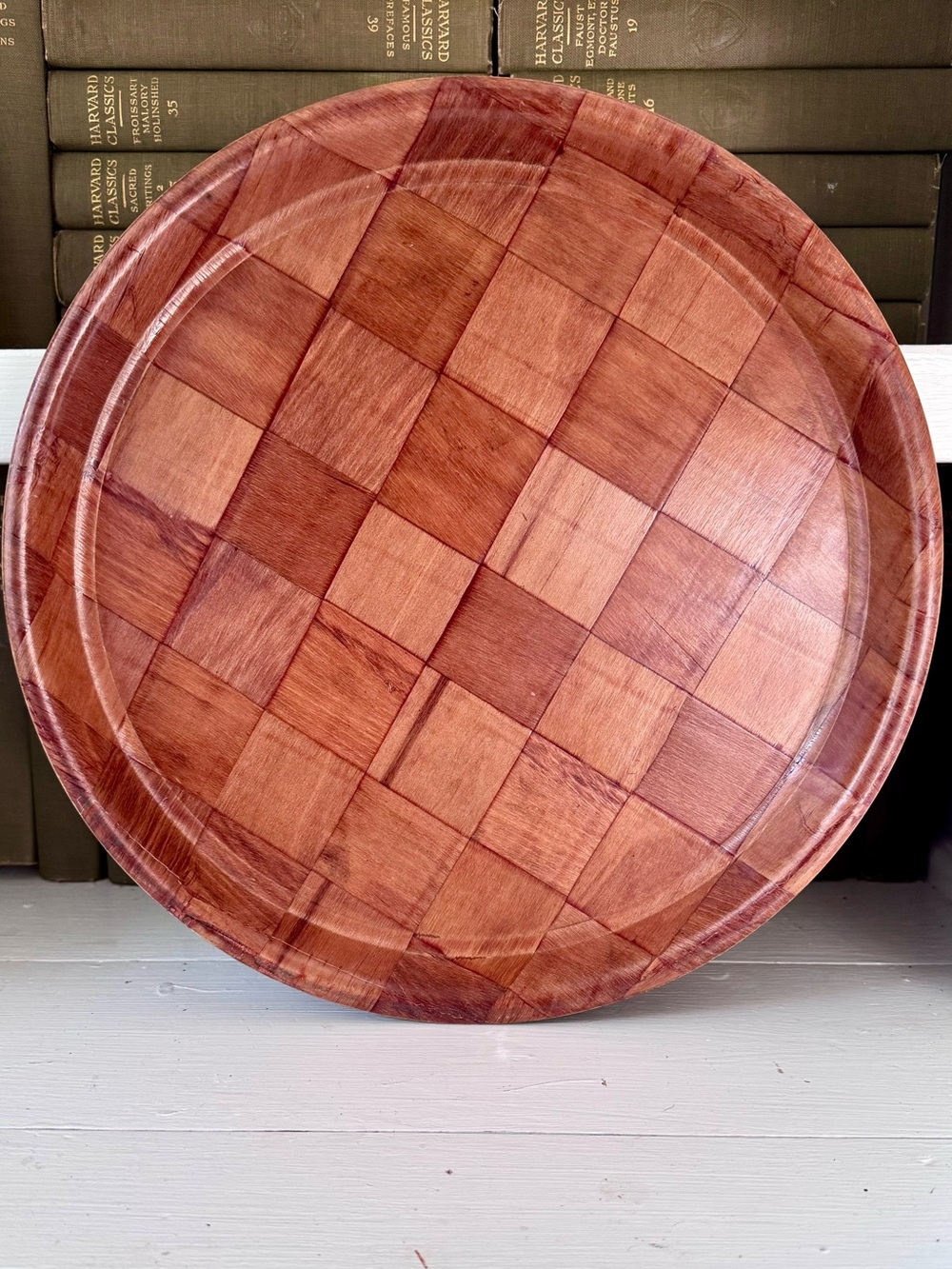 Vintage Round Woven Wood Checkerboard Parquet Tray